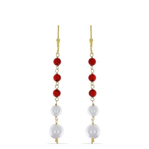 PEARL AND RED ONYX ROUND BEADED STERLING SILVER EARRINGS #VBJY46222